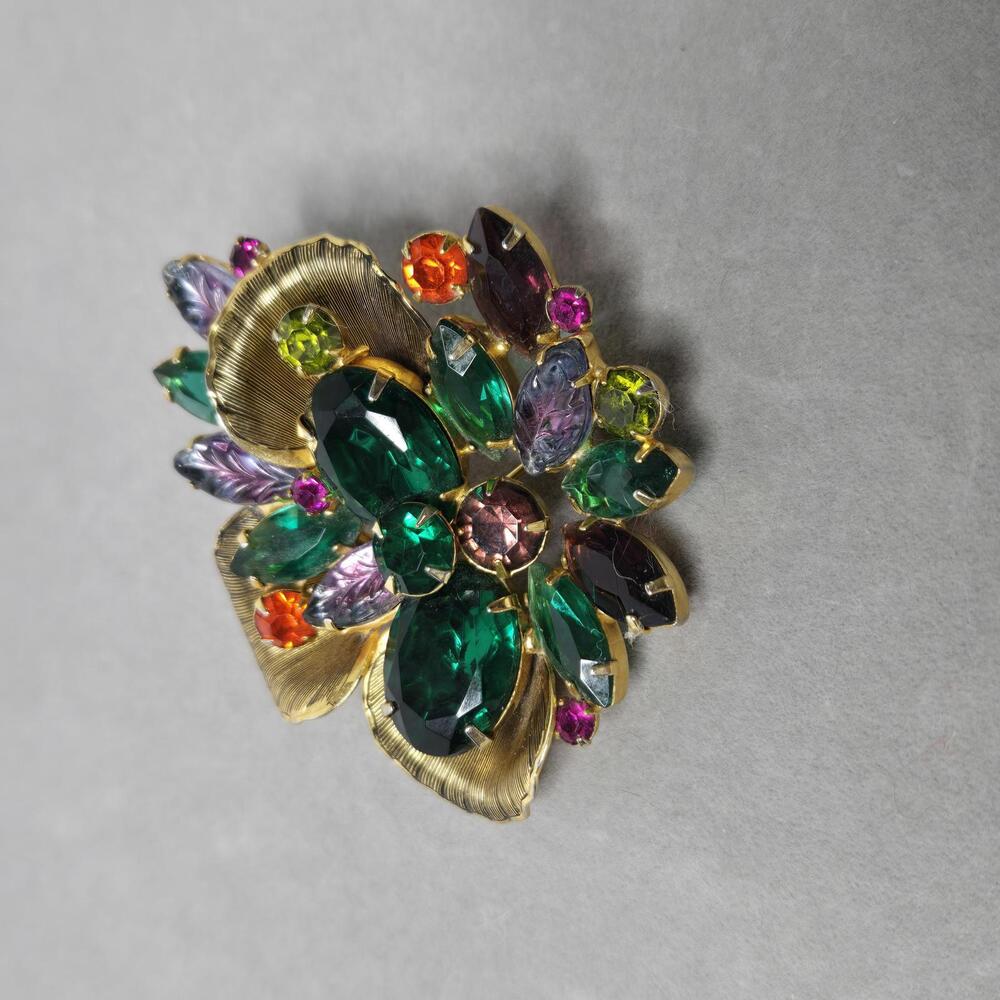 Vintage Brooch Gold Tone Fruit Salad Molded Glass Rhinestones